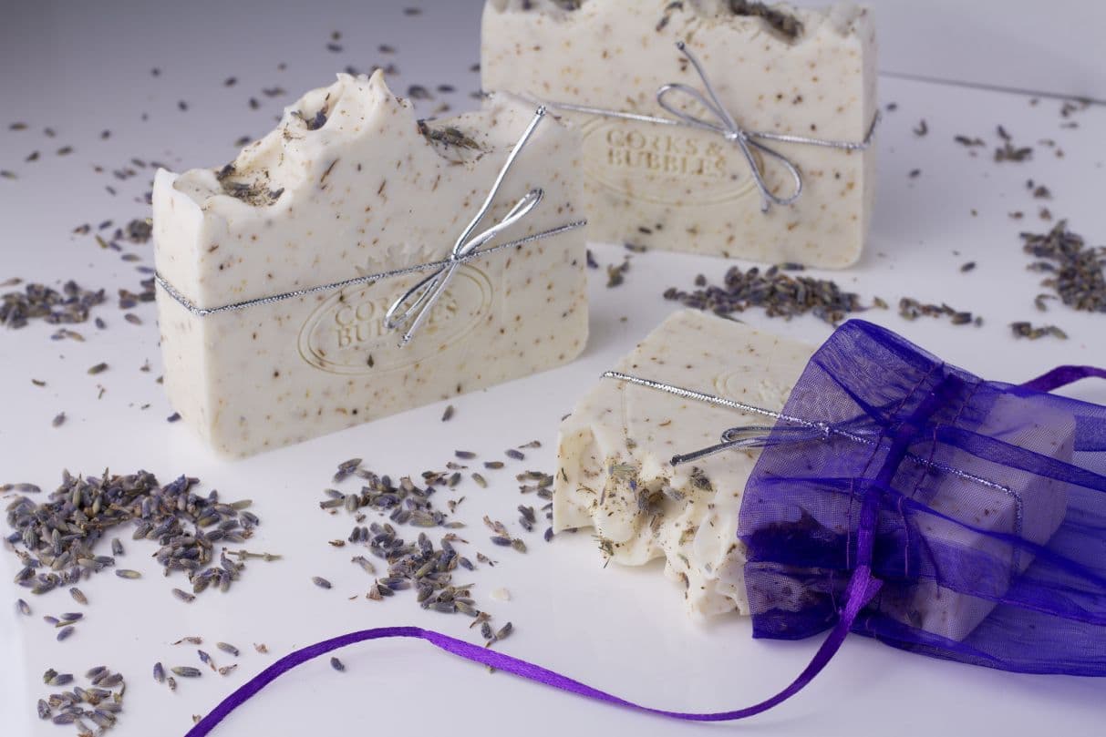 Lavender soap bars hand-pressed with the Corks and Bubbles seal